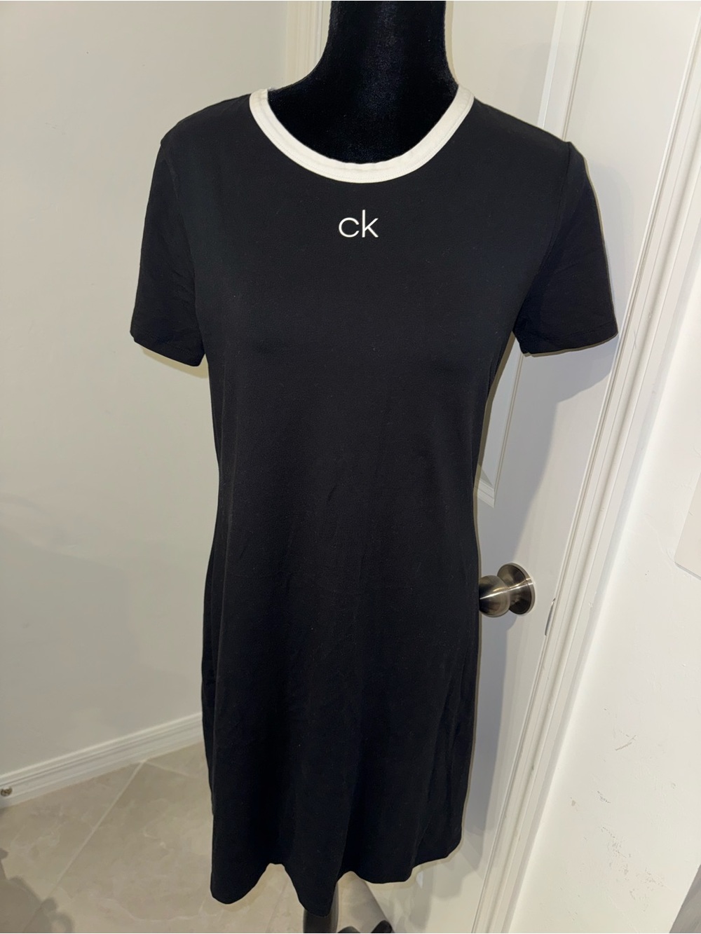 Calvin Klein Black Short Sleeve Crewneck Dress with White Trim